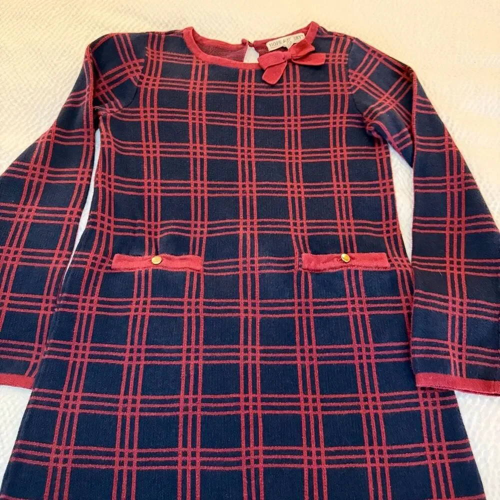 Hope & Henry | Windowpane Sweater Dress Navy Red Bow | Girls 10